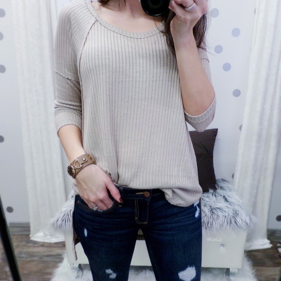 SALE Rib Knit Tunic Top 3/4" Sleeve Top Taupe - Picture 2 of 5